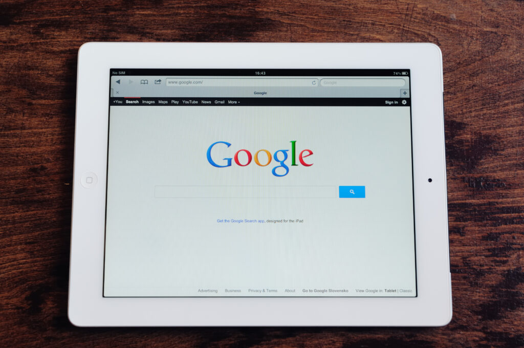 Google search homepage on a tablet device